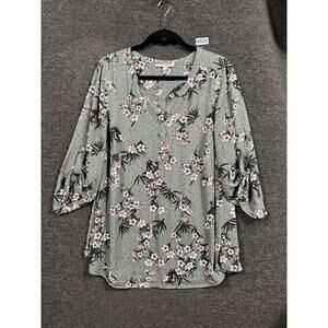 Daniel Rainn Blouse Womens 1X Gray Floral Polka Dot 3/4 Sleeve Henley Top
